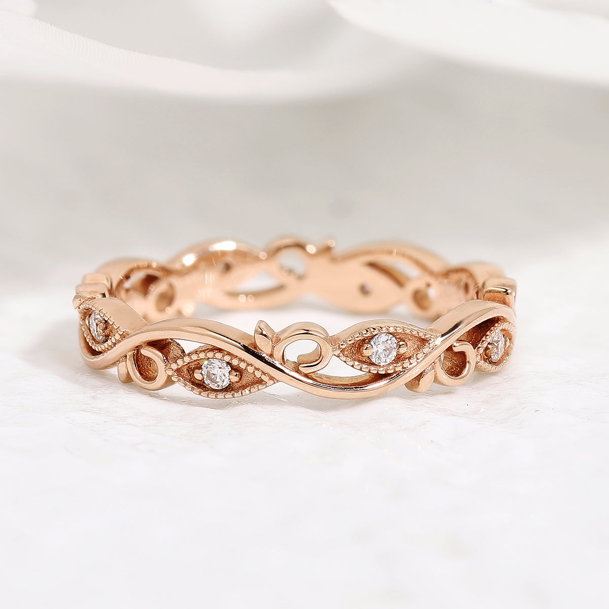 Unique Moissanite Straight Wedding Band Rose Gold Matching Rings Leaf Branch Ring