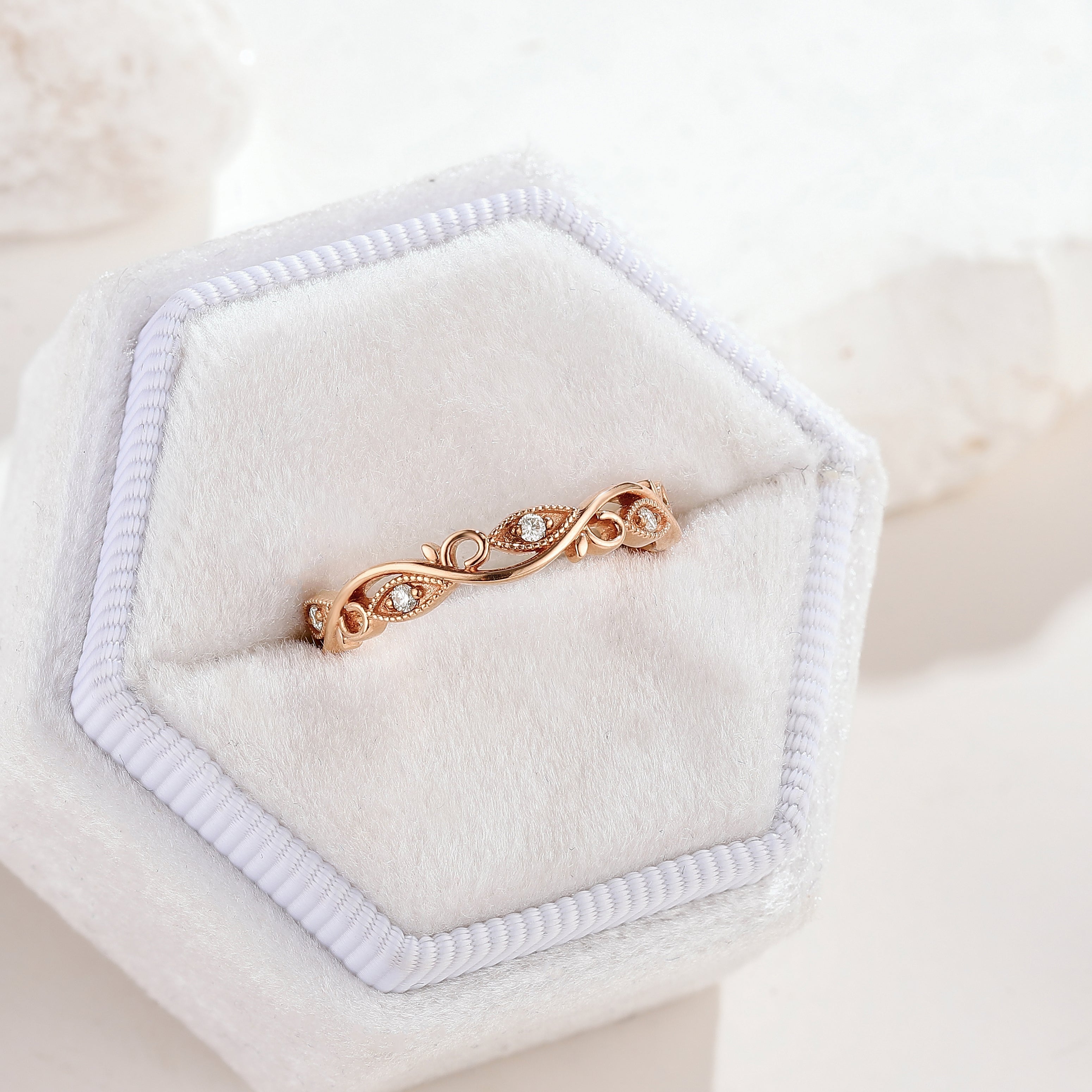 Unique Moissanite Straight Wedding Band Rose Gold Matching Rings Leaf Branch Ring In White Ring Box