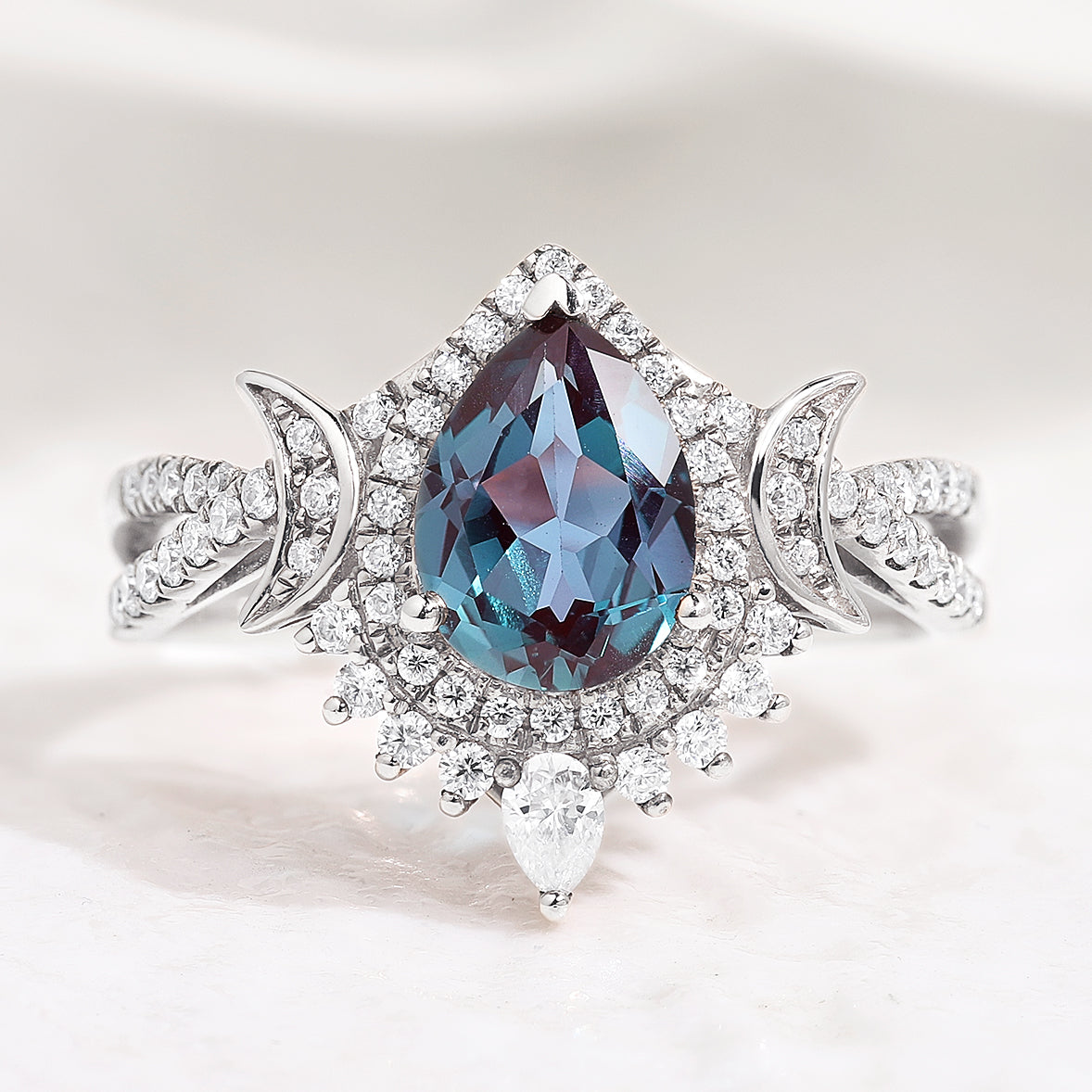 Unique Pear Shaped Alexandrite Engagement Ring Set Moissanite Cluster Wedding Band In White Gold