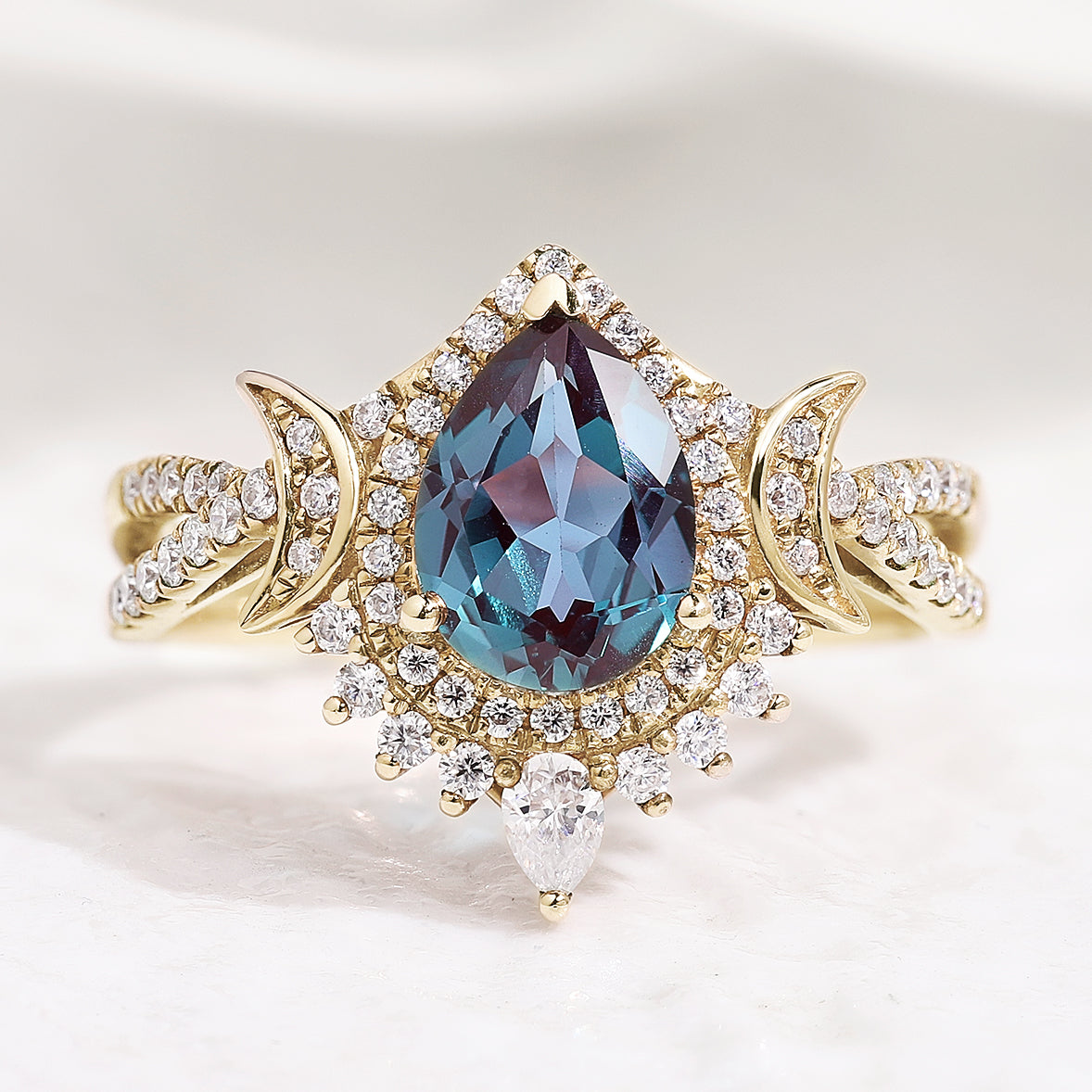 Unique Pear Shaped Alexandrite Engagement Ring Set Moissanite Cluster Wedding Band In Yellow Gold