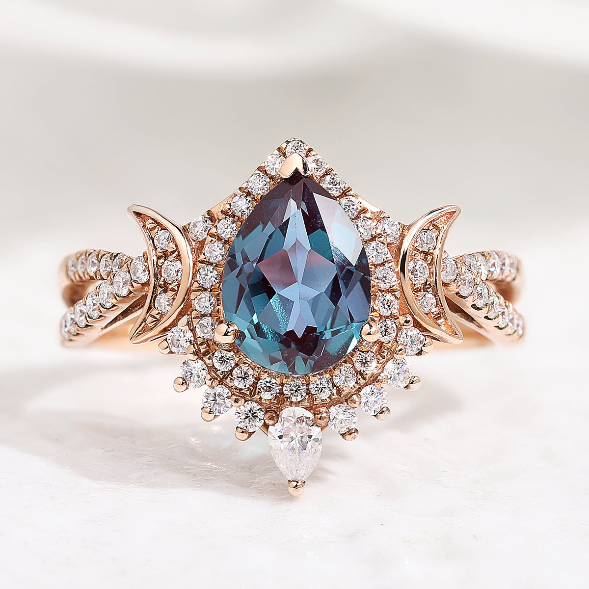 Unique Design Moon Ring Pear Shaped Alexandrite Engagement Ring