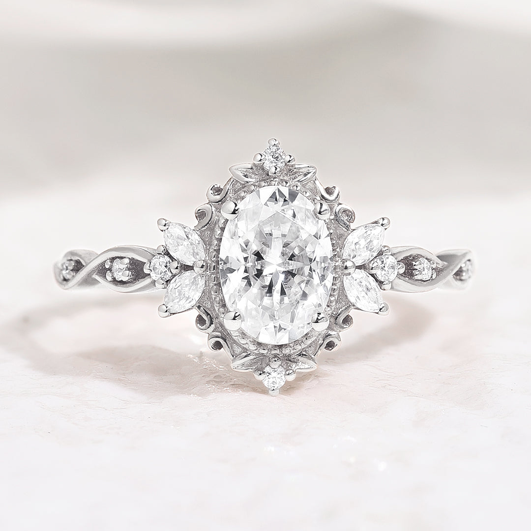 Art Deco Vintage Oval Moissanite Engagement Ring Promise Rings In White Gold