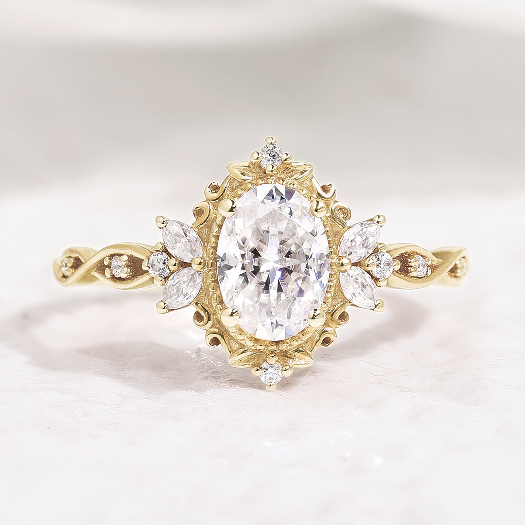 Art Deco Vintage Oval Moissanite Engagement Ring Promise Rings In Yellow Gold