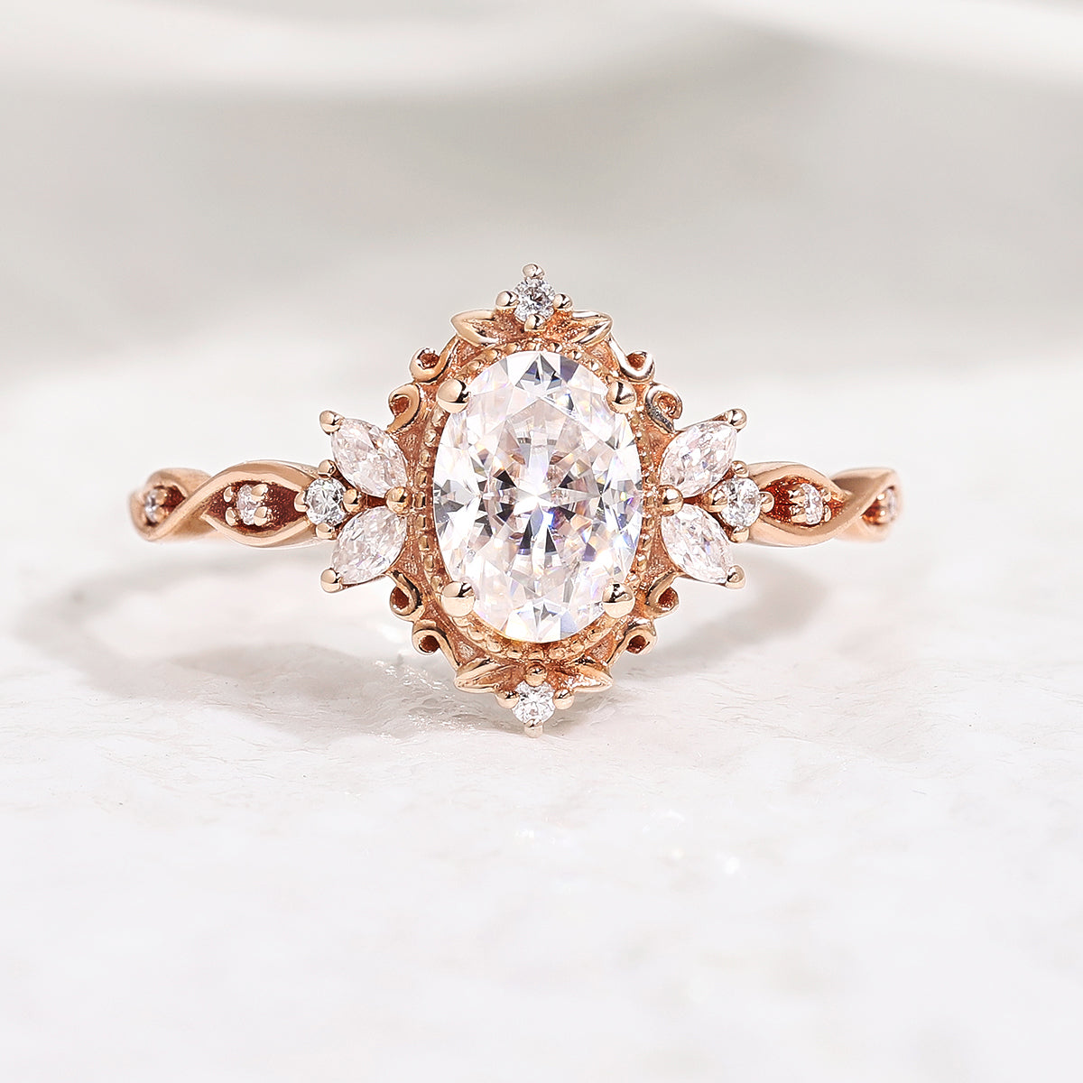 Art Deco Vintage Oval Moissanite Engagement Ring Rose Gold Promise Rings