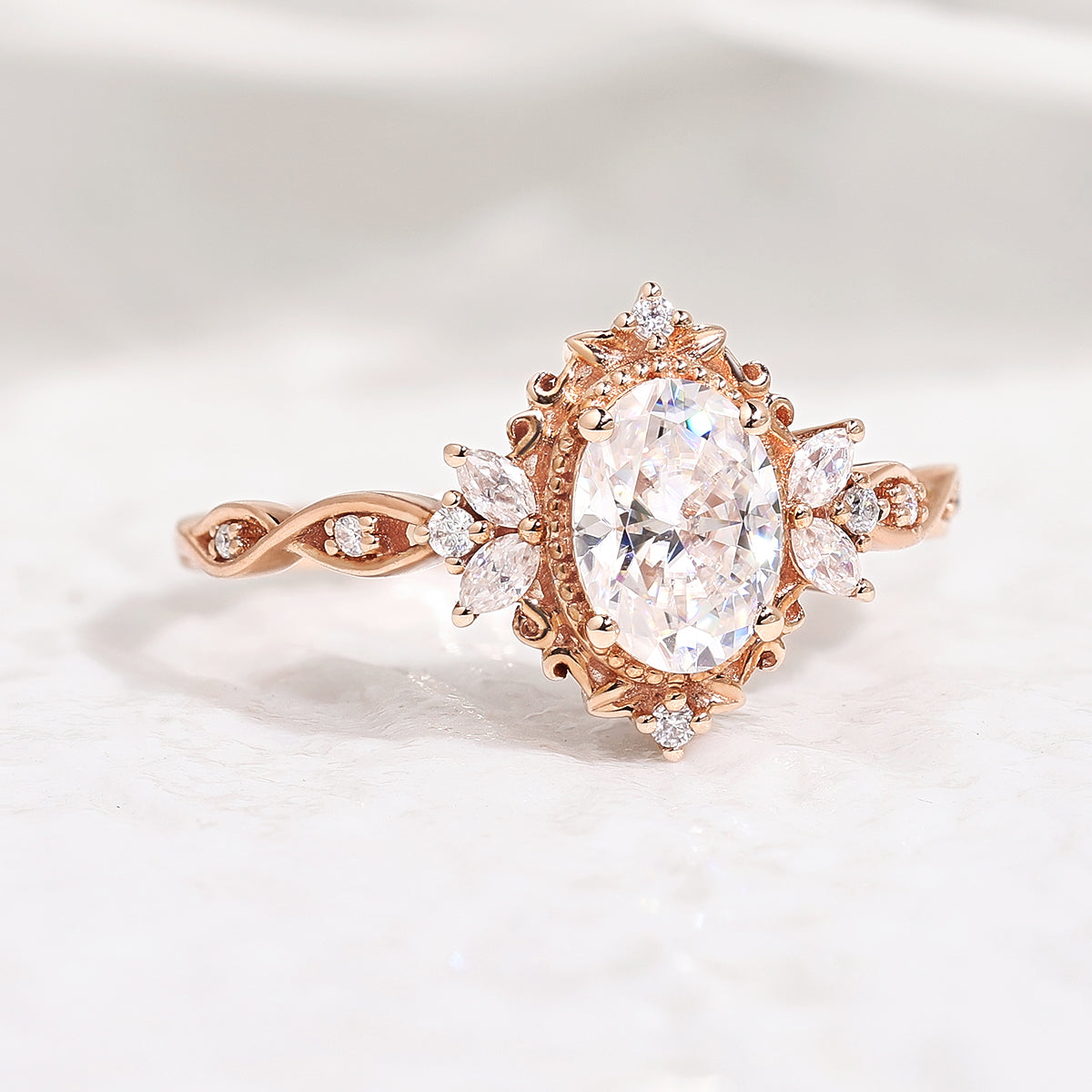 Art Deco Vintage Oval Moissanite Engagement Ring Rose Gold Promise Rings