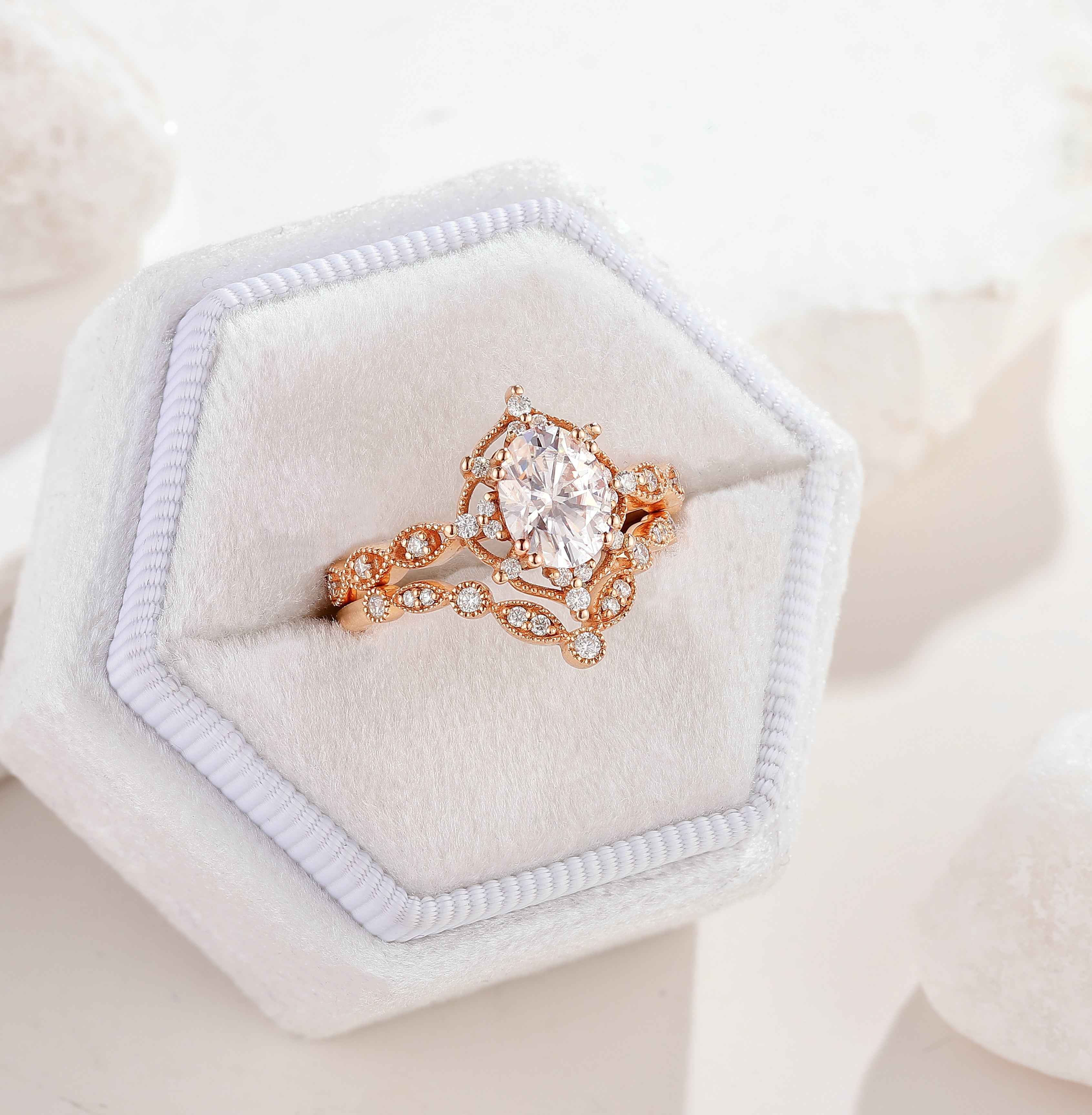 Oval Rose Gold Moissanite Crown Engagement Ring Promise Bridal Ring Set