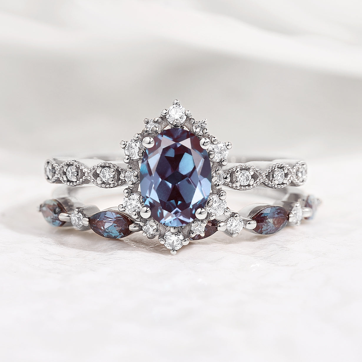 Dainty Oval Cut Alexandrite Engagement Ring Set Alexandrite Wedding Band In White Gold