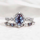 Dainty Oval Cut Alexandrite Engagement Ring Set Rose Gold Moissanite Wedding Band