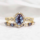 Dainty Oval Cut Alexandrite Engagement Ring Set Rose Gold Moissanite Wedding Band