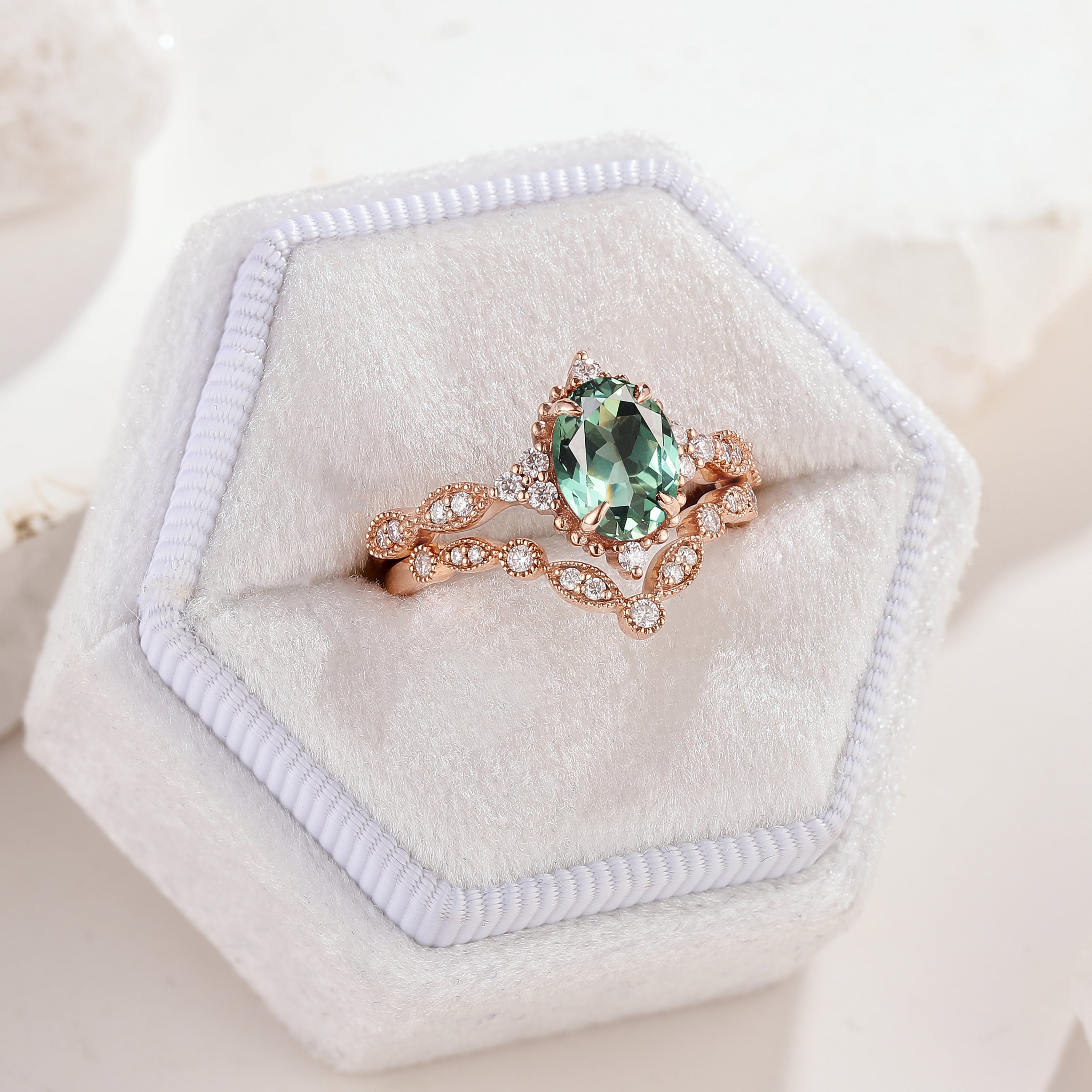 Oval Cut Lab Green Sapphire Engagement Ring Set V Shaped Wedding Band 2pcs In White Ring Box