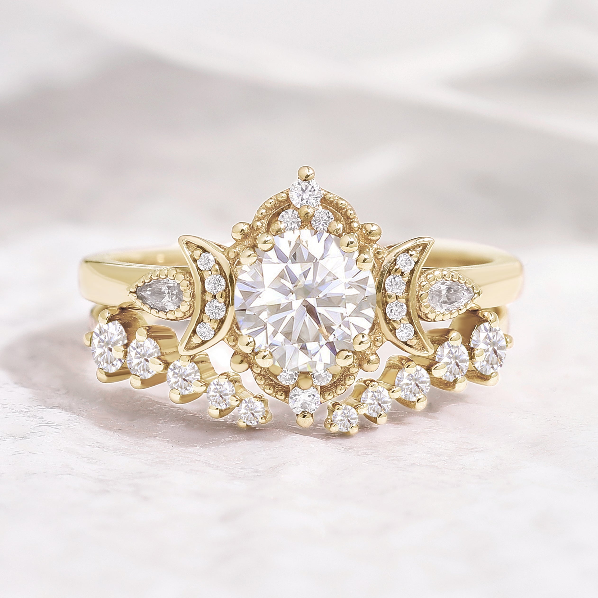 Unique Round Moissanite Engagement Ring Set With 2 Moons Open Wedding Band In Yellow Gold