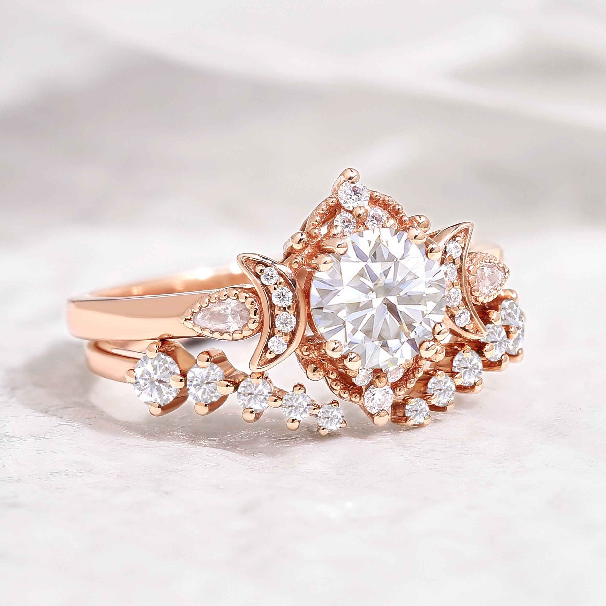 Unique Round Moissanite Engagement Ring Set With 2 Moons Open Wedding Band