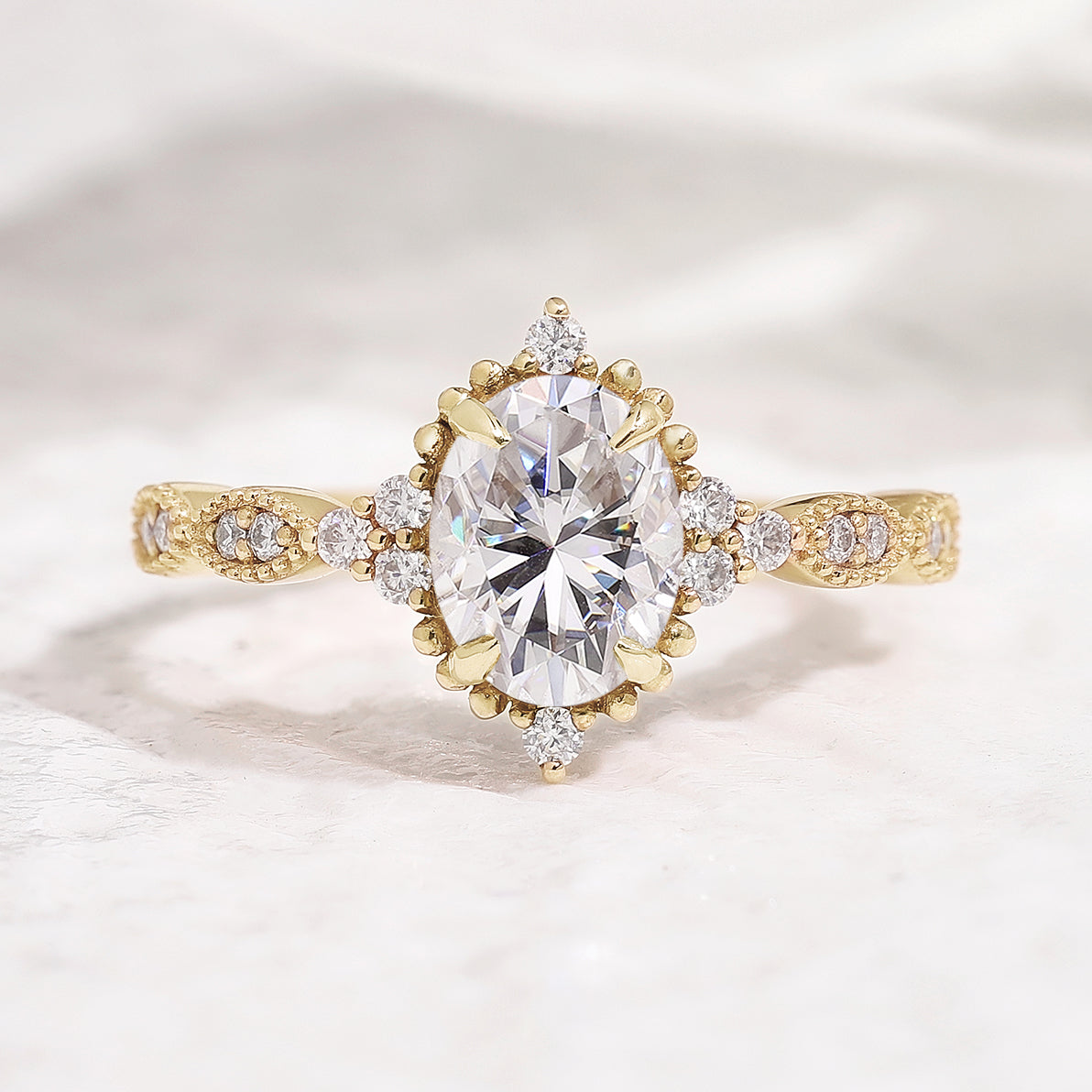 Vintage Oval Shaped Moissanite Engagement Ring Moissanite Cluster In Yellow Gold