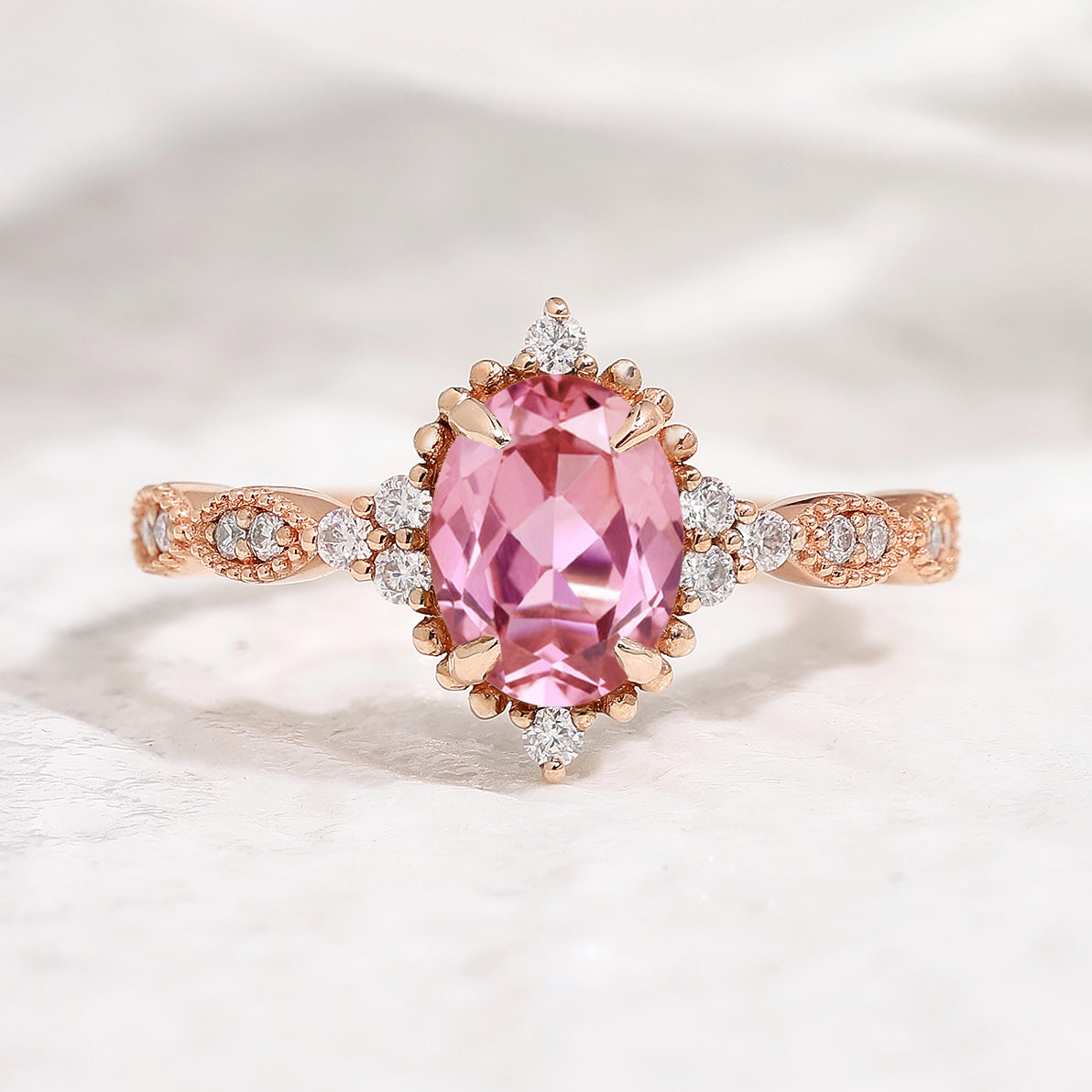 Affordable Oval Cut Lab Pink Sapphire Rose Gold Engagement Ring