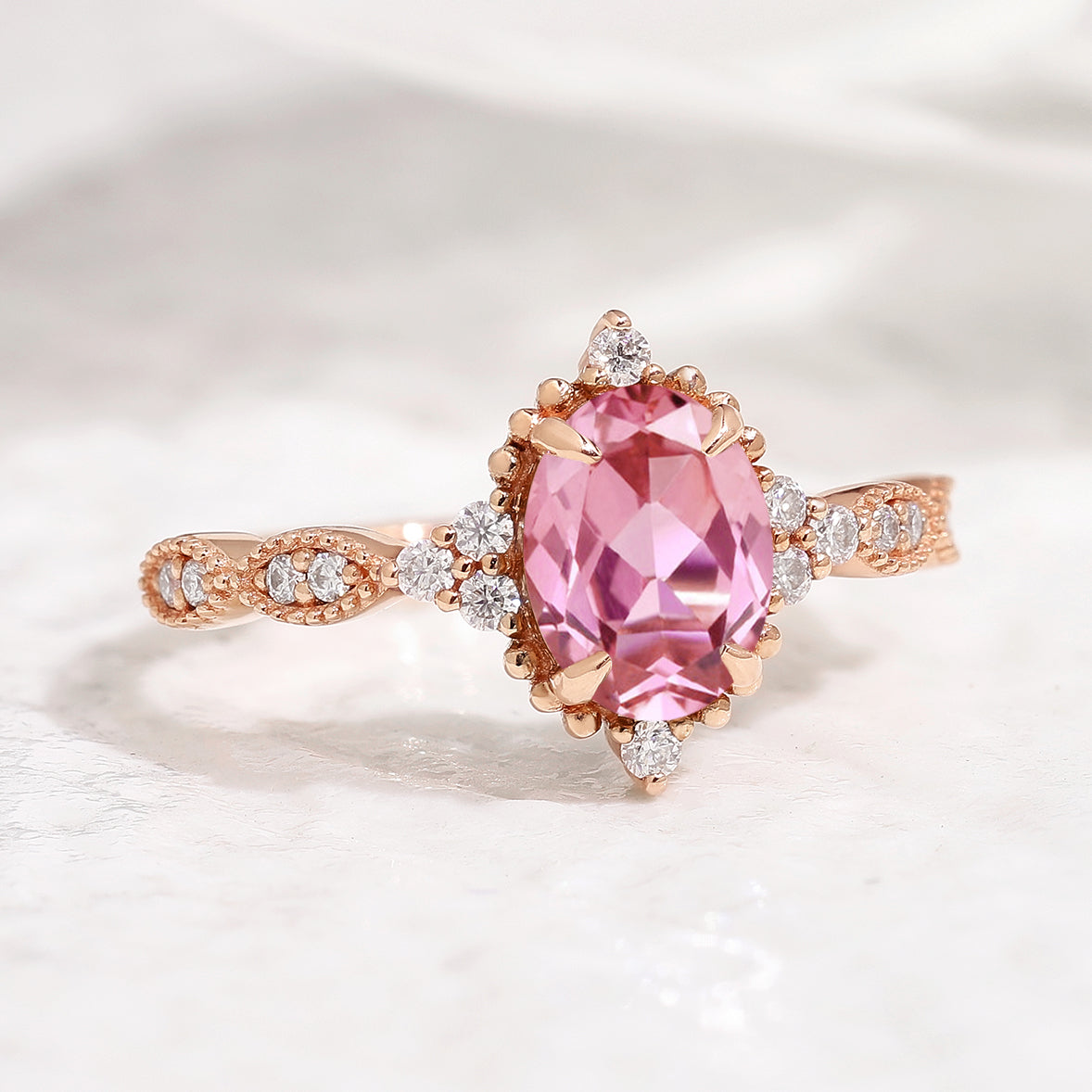 Affordable Oval Cut Lab Pink Sapphire Rose Gold Engagement Ring