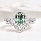 Oval Cut Lab Green Sapphire Engagement Ring Set V Shaped Wedding Band 2pcs