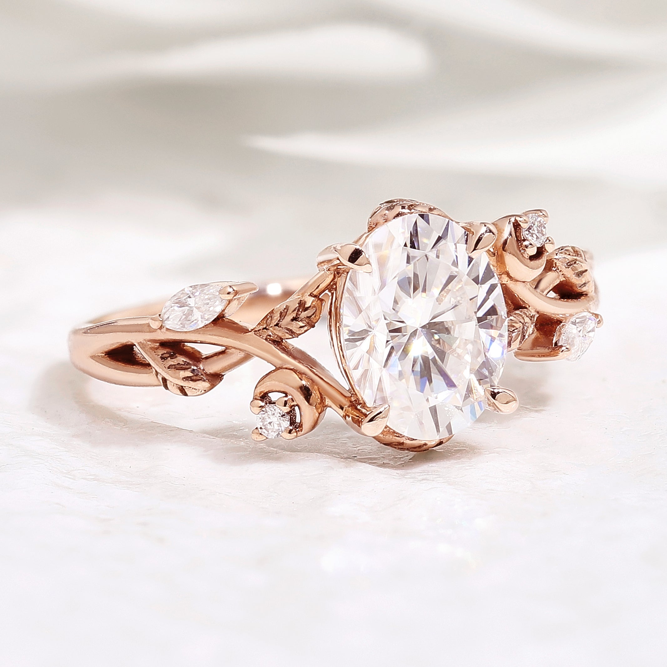 Nature Inspired Leaf Shaped Oval Moissanite Engagement Ring