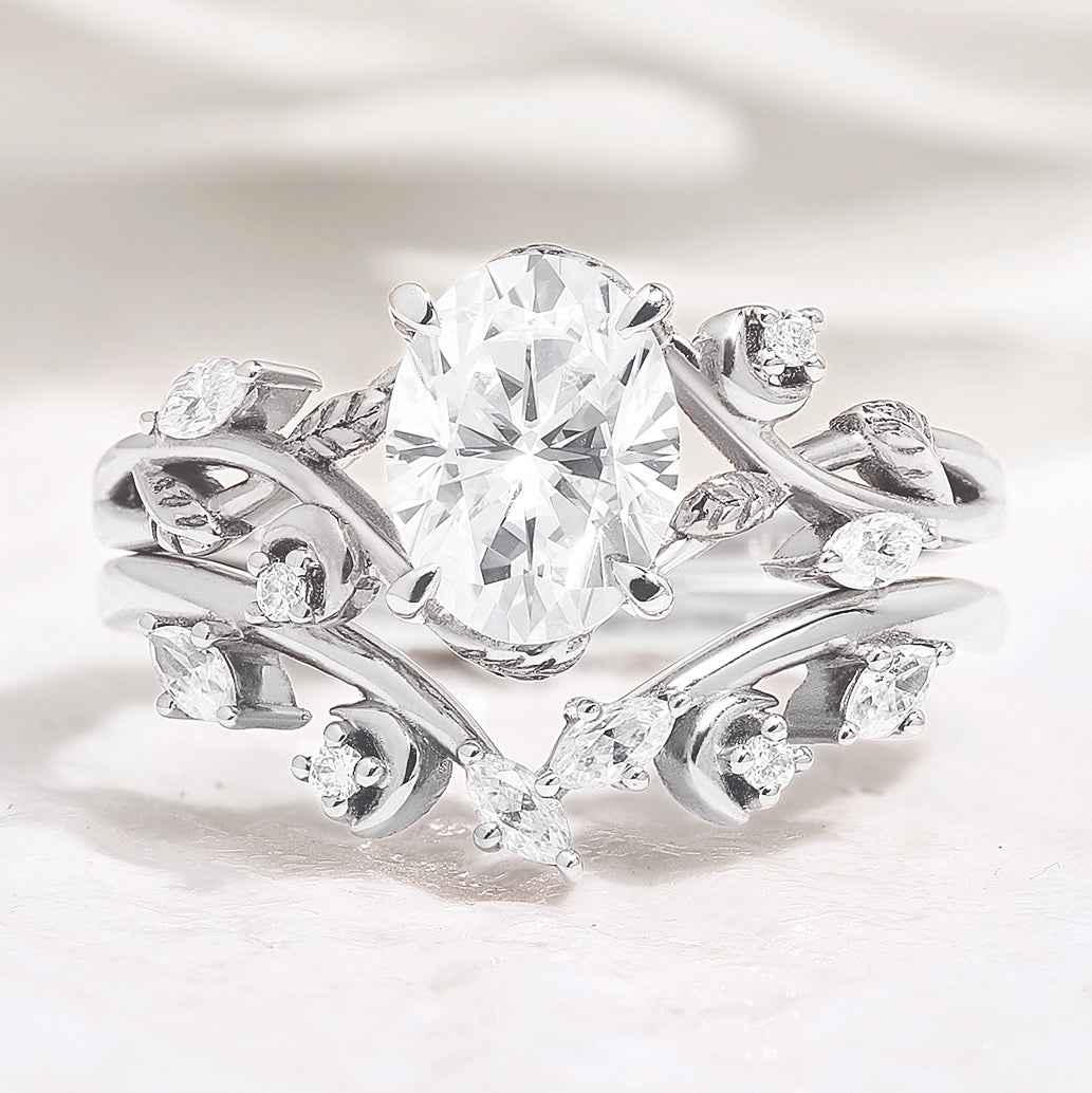 Nature Inspired Leaf Oval Moissanite Engagement Ring Set Moon Shaped Wedding Band