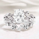 Nature Inspired Leaf Oval Moissanite Engagement Ring Set Moon Shaped Wedding Band