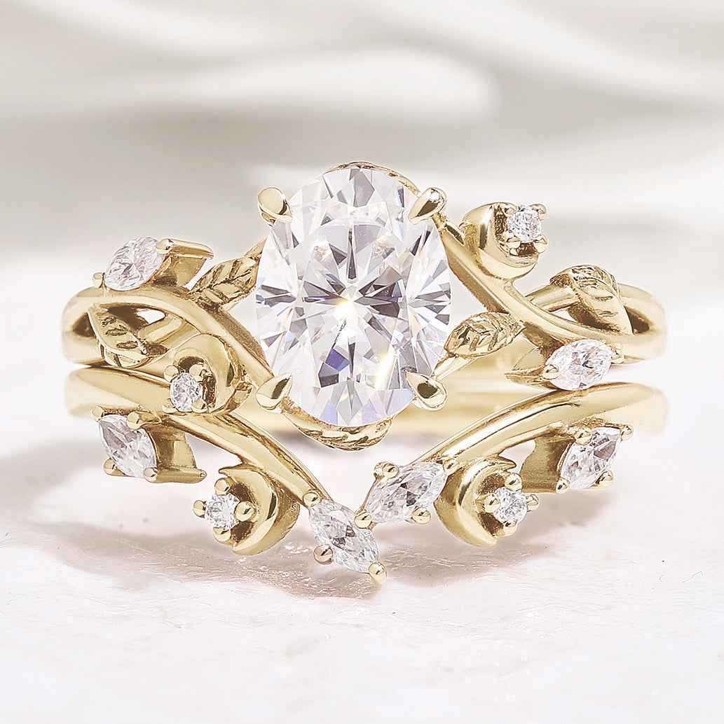 Nature Inspired Leaf Oval Moissanite Engagement Ring Set Moon Shaped Wedding Band