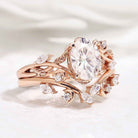 Nature Inspired Leaf Oval Moissanite Engagement Ring Set Moon Shaped Wedding Band
