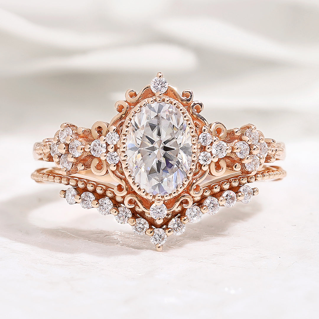 Signature Vintage Oval Cut Moissanite Engagement Bridal Set Rings