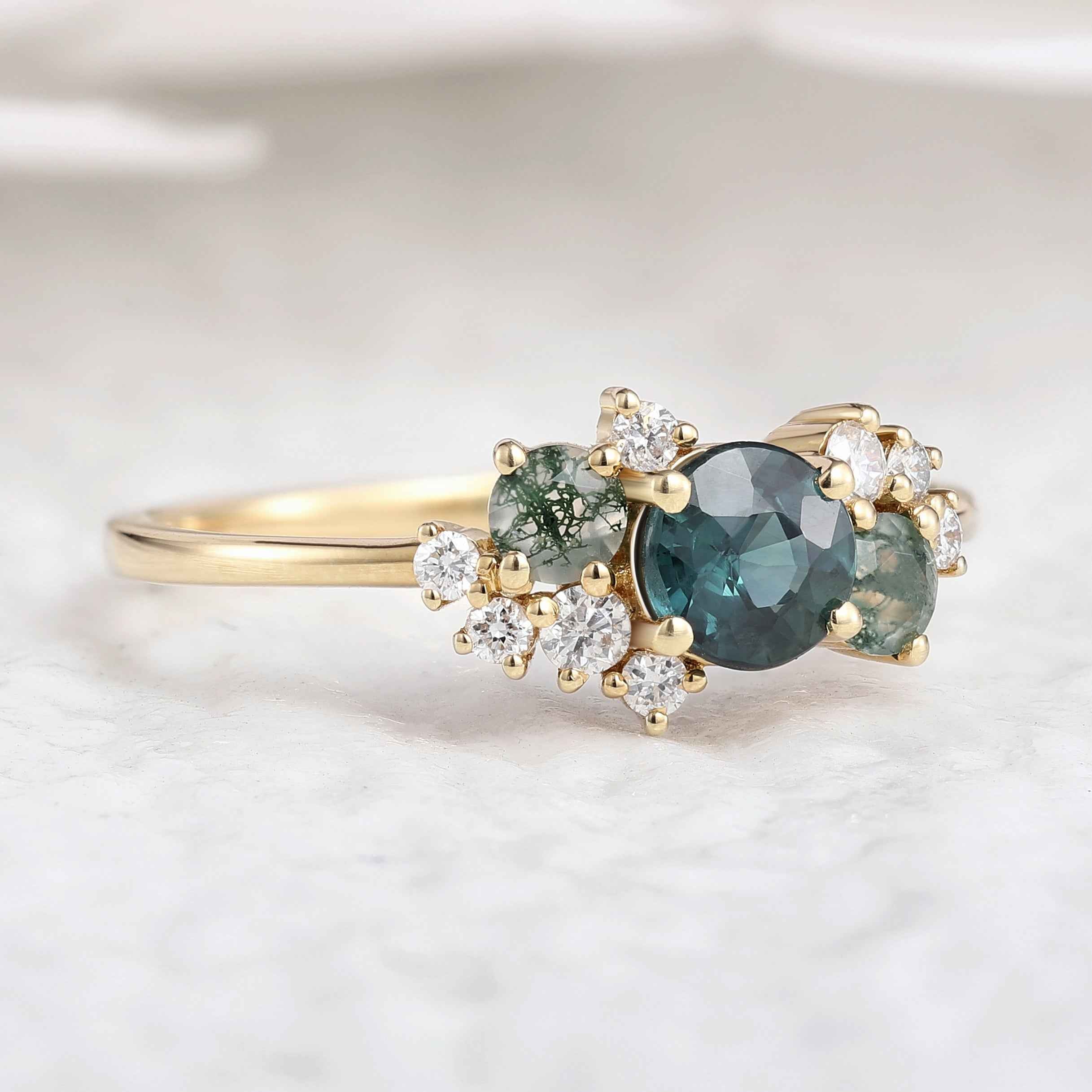 Art Deco Teal Sapphire Engagement Ring With Moss Agate And Moissainte