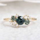 Art Deco Teal Sapphire Engagement Ring With Moss Agate And Moissainte
