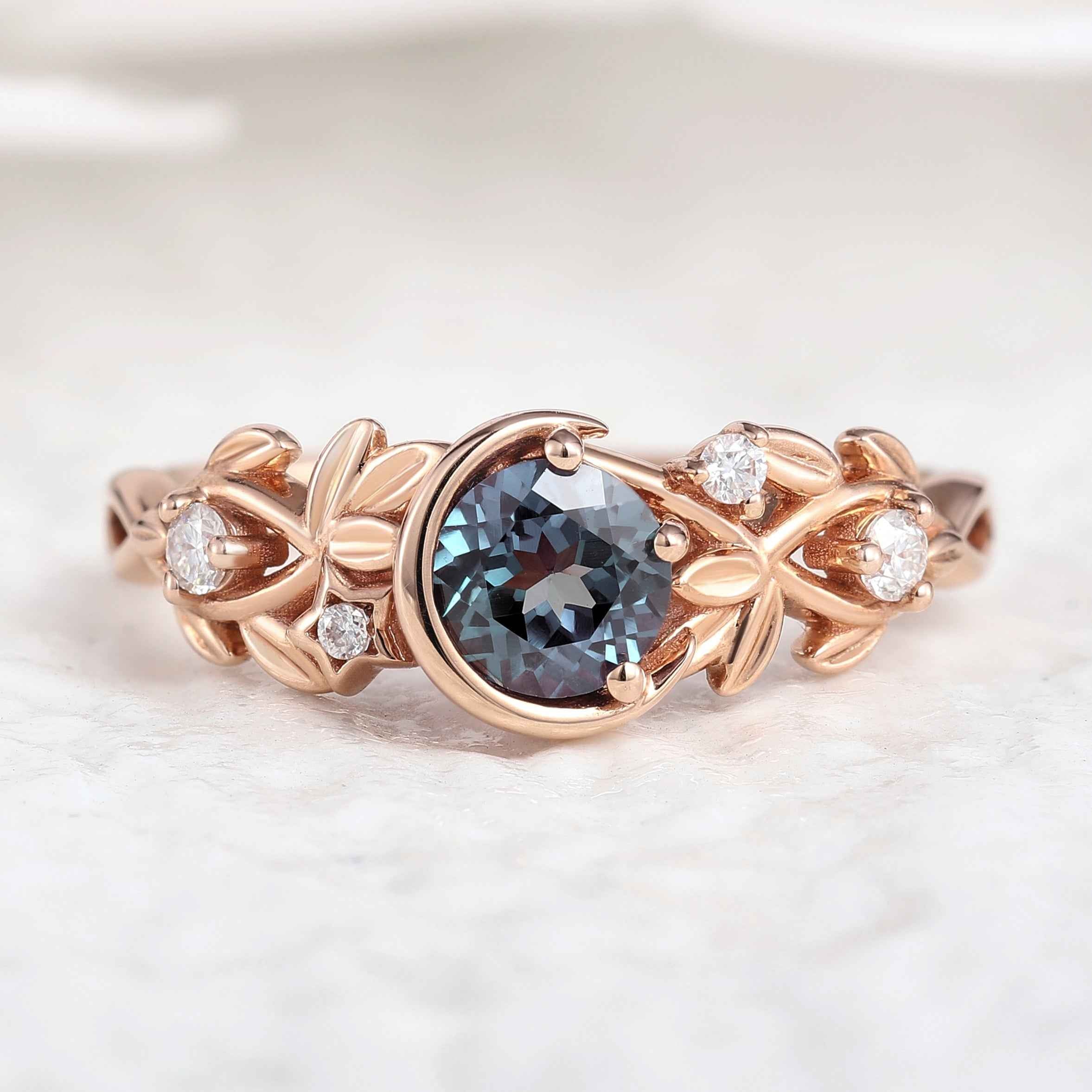 Vintage Alexandrite Engagement Ring Leaf Floral Custom Promoise Ring