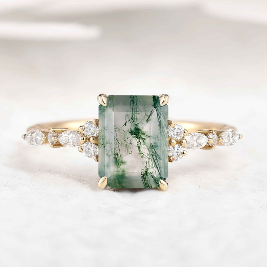 Signautre Vintage Emerald Cut Moss Agate Engagement Ring