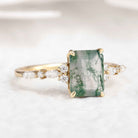 Signautre Vintage Emerald Cut Moss Agate Engagement Ring