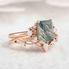 Nature Inspired Emerald Cut Moss Agate Engagement Ring Set With Moon Shaped
