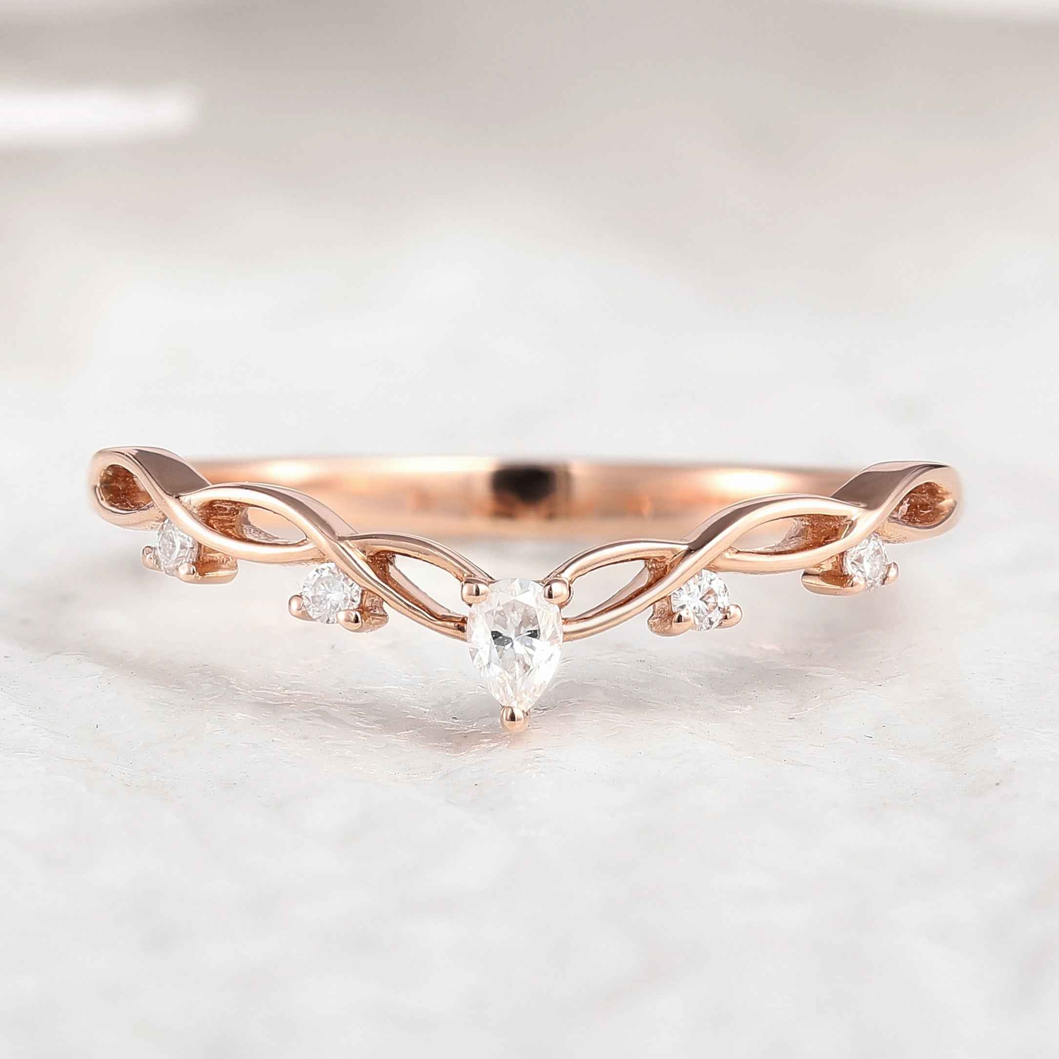 Minimalist Pear Cut Mossianite Wedding Band Rose Gold Anniversary Ring