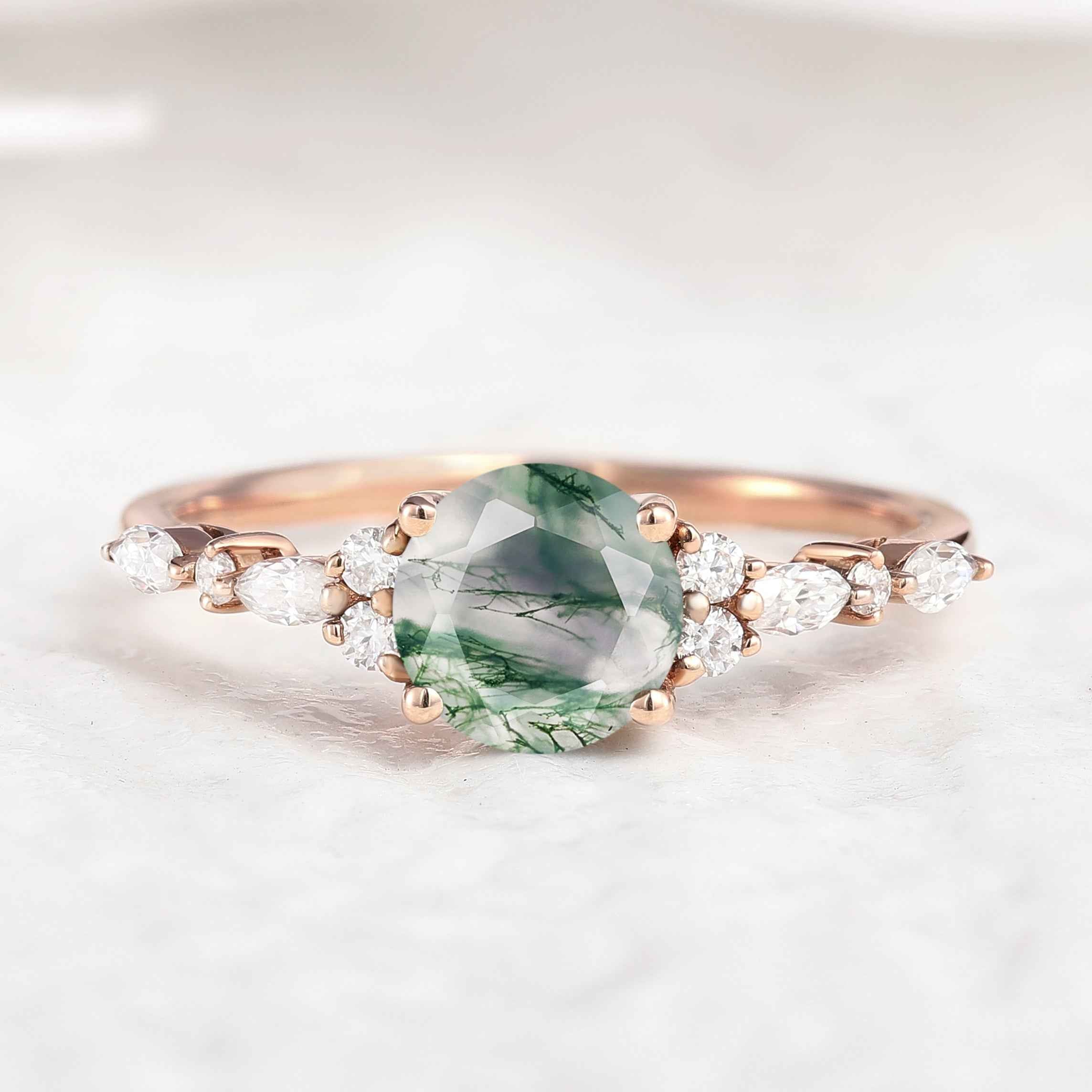 Unique Round Moss Agate Engagement Ring Handmade Ring