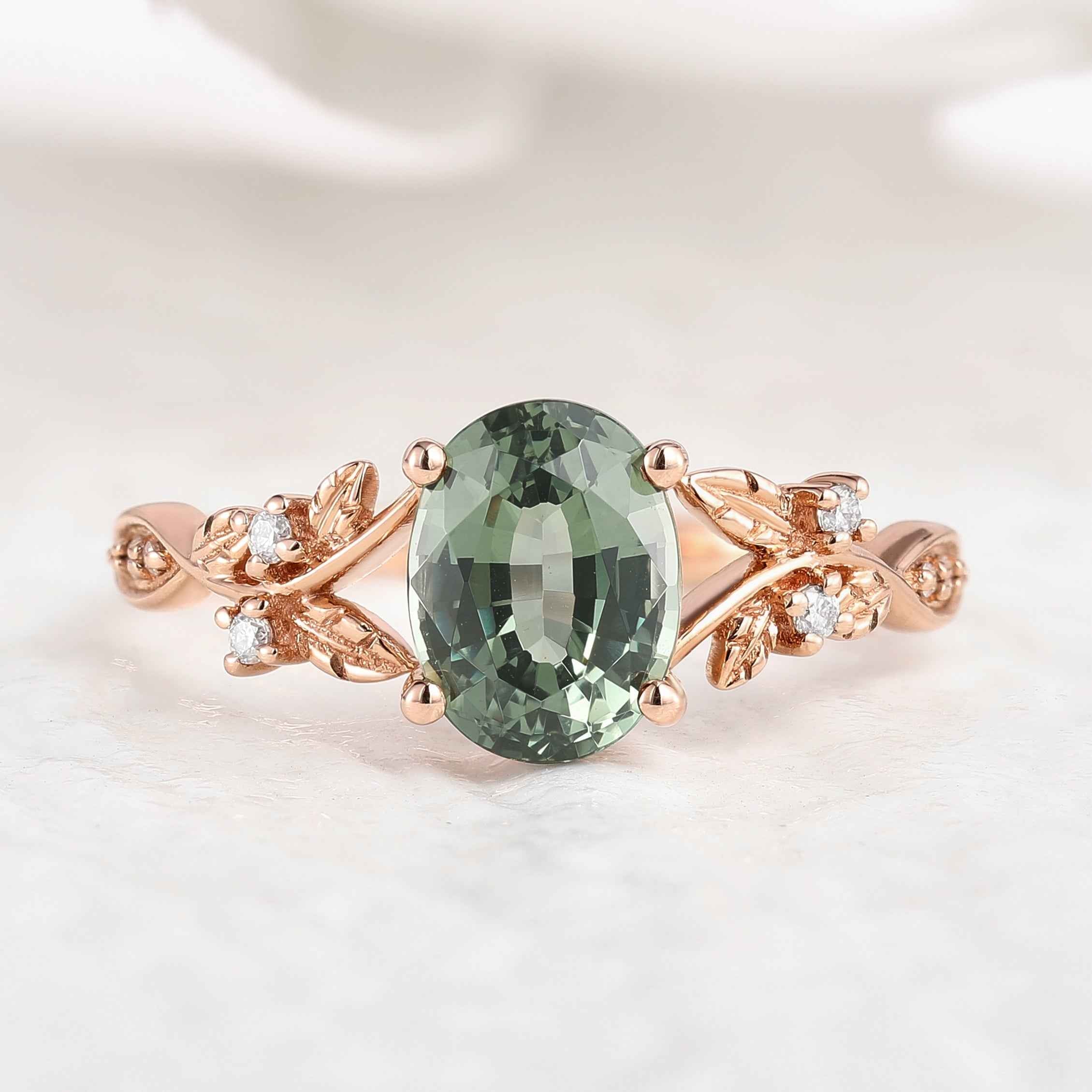 Unique Oval Cut Green Sapphire Engagement Ring In Rose Gold