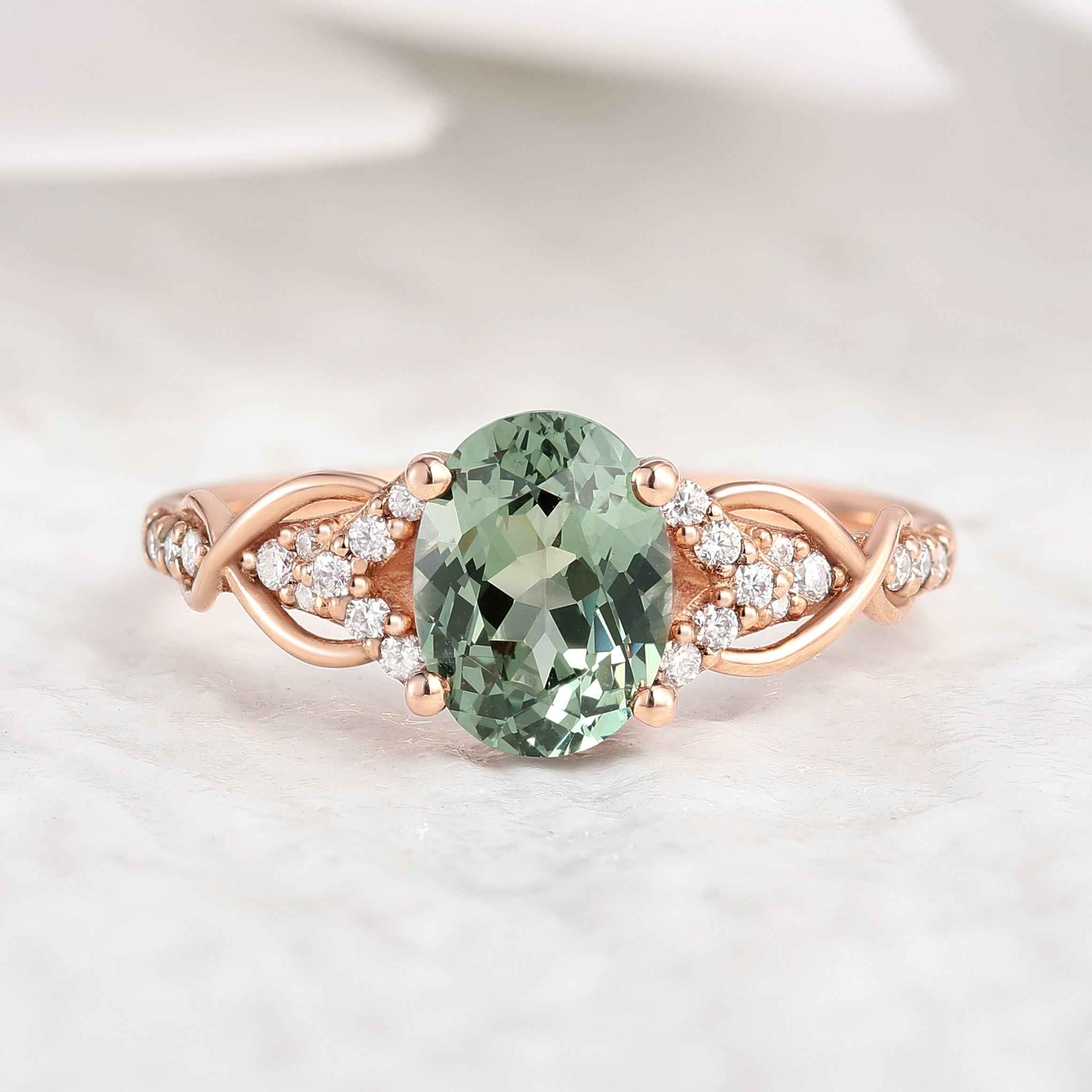 Nature Inspired Oval Cut Green Sapphire Engagement Ring