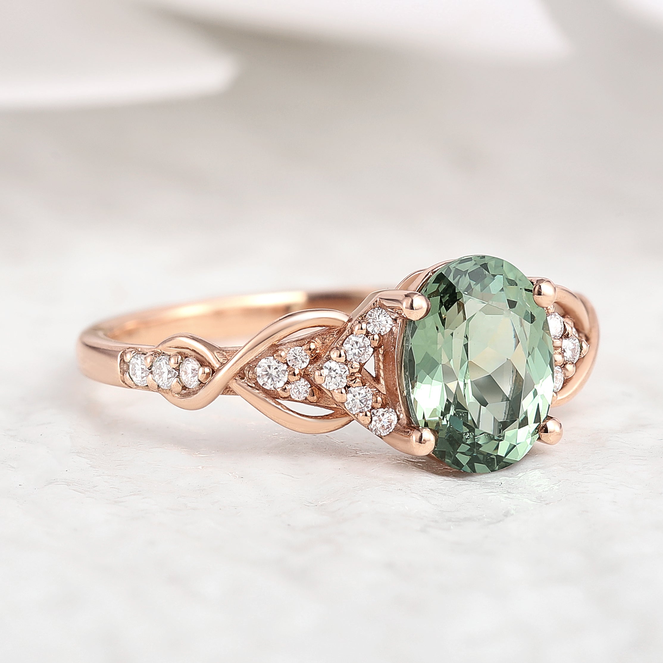 Nature Inspired Oval Cut Green Sapphire Engagement Ring