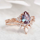 Classic Pear Cut Alexandrite Engagement Ring Set Half Eternity Moissanite Wedding Band