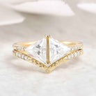 Unique Design Triangle Moissanite Bridal Set Chervon Yellow Gold Wedding Ring