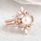 Unique Pearl Bridal Set Moissanite Marquise Enhancer Wedding Band 2Pcs