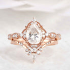 Vintage Pear Cut Moissanite Engagement Ring Set Chevron Stack Wedding Band