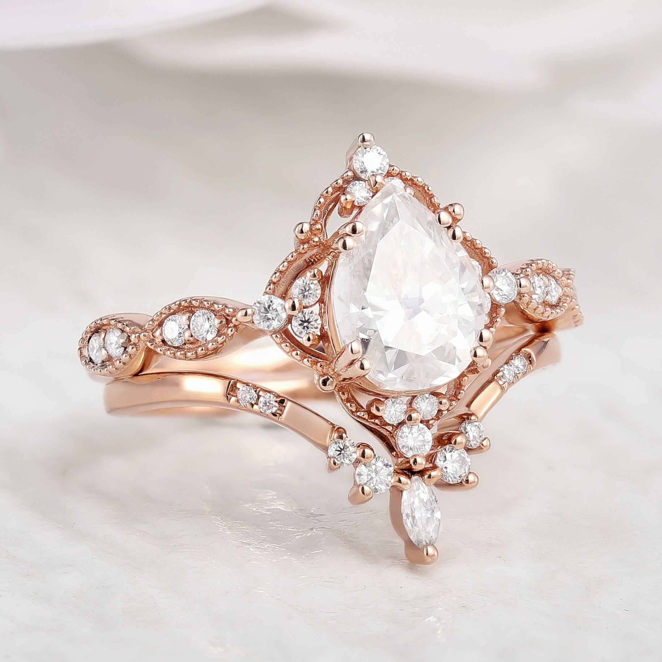 Vintage Pear Cut Moissanite Engagement Ring Set Chevron Stack Wedding Band