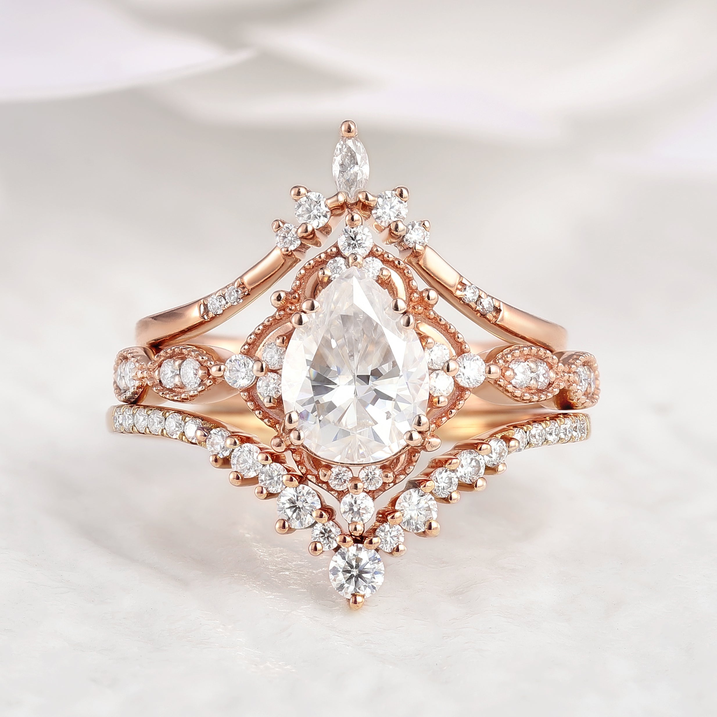 Vintage Pear Cut Moissanite Bridal Set Chevron Stack Wedding Rings 3Pcs In Rose Gold