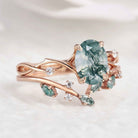 Nature Inspired Moss Agate Engagement Ring Set Vine Wedding Band 2pcs