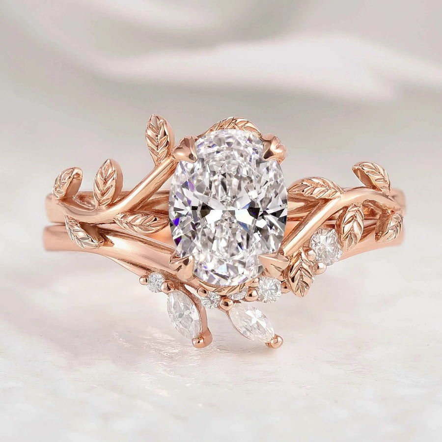 Nature Inspired Leafy Vine Lab Diamond Engagement Ring Set 2pcs