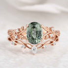 Nature Inspired Leafy Green Sapphire Engagement Ring Set 2pcs