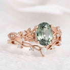 Nature Inspired Leafy Green Sapphire Engagement Ring Set 2pcs