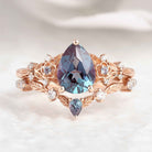 Unique Flora Alexandrite Bridal Set Chevron Wedding Ring 2pcs