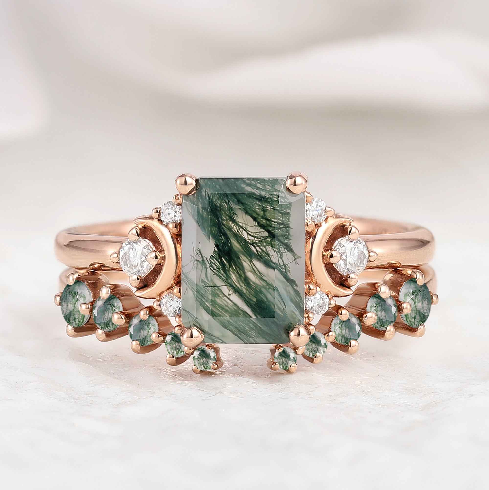 Nautre Inspired Emerald Cut Moss Agate Engagement Ring Set 2pcs