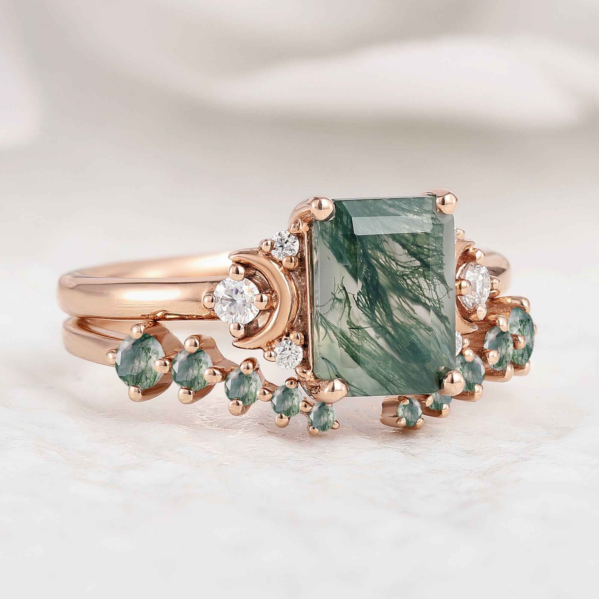 Nautre Inspired Emerald Cut Moss Agate Engagement Ring Set 2pcs